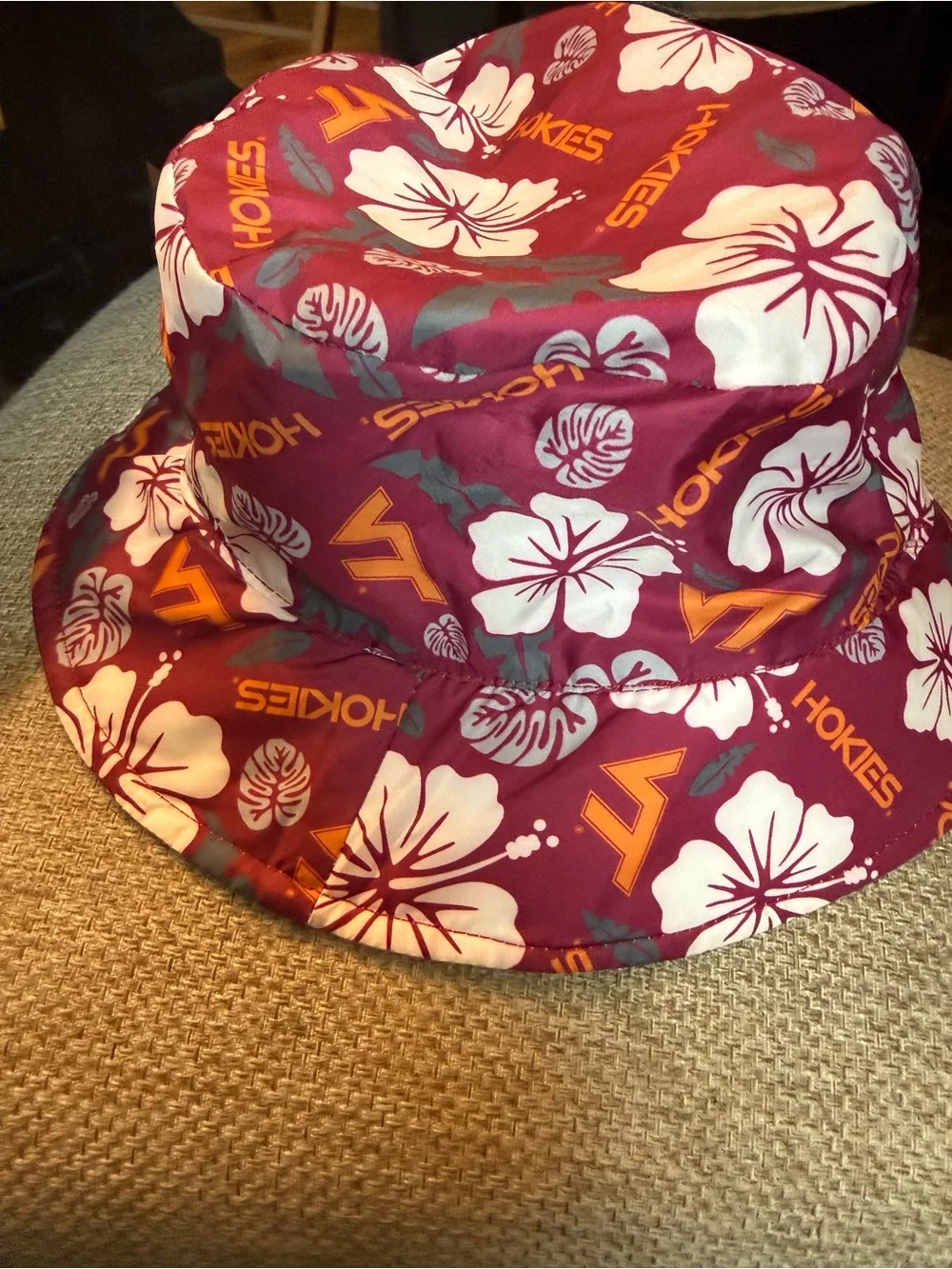 Virginia Tech VT Logo reversible Beige Bucket Hat with Maroon Accents /